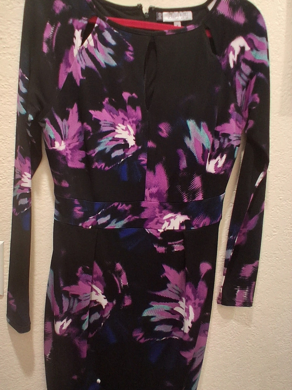 Jennifer Lopez Black Floral Bodycon Dress with Purple Accents MED Long Sleeve